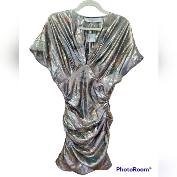 IRO Mimeta Metallic Silk-Blend Ruched Floral Mini Dress Large- Size 8 (FR 40) - Picture 3 of 10